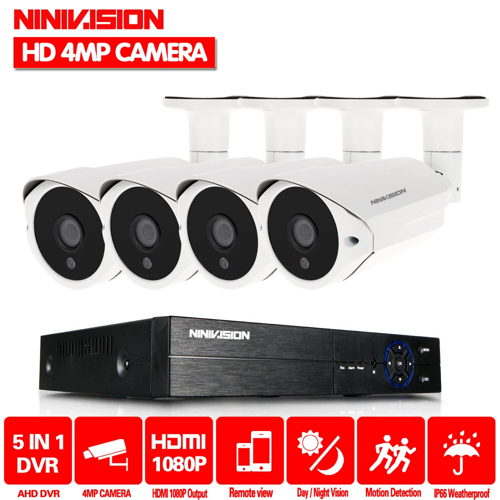 

NINIVISION 4CH 4MP HD Video Security System CCTV DVR Kit 4PCS Outdoor 4.0MP Weatherproof Surveillance Security Camera System