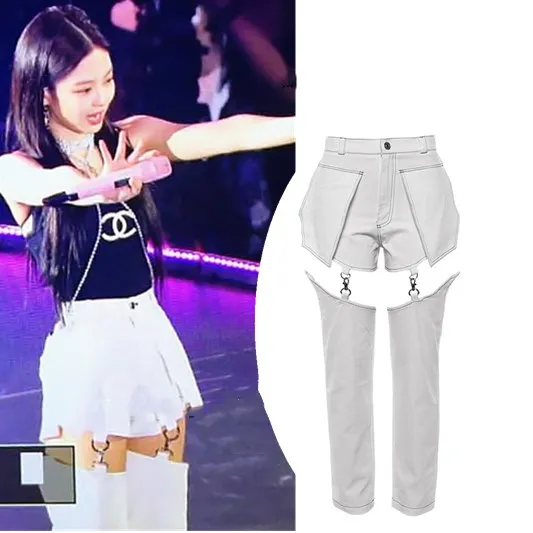 

kpop BLACKPINK Jennie streetwear sexy high waist hip hop pants women korean hollow splice straight trousers wild female clothes