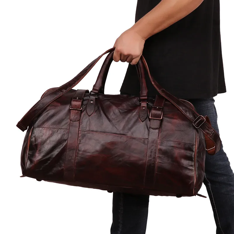 Vintage Natural First Layer Cow Leather Men's Travel Bags Durable