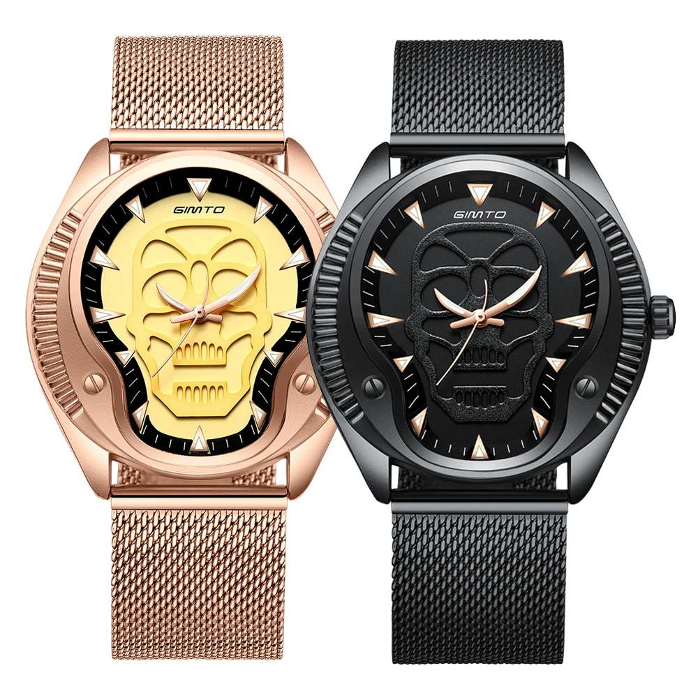 GIMTO золотой череп мужской роскошный бренд часов Уникальный Панк 3D Скелет Мужские повседневные кварцевые наручные часы винтажные стальные электронные часы