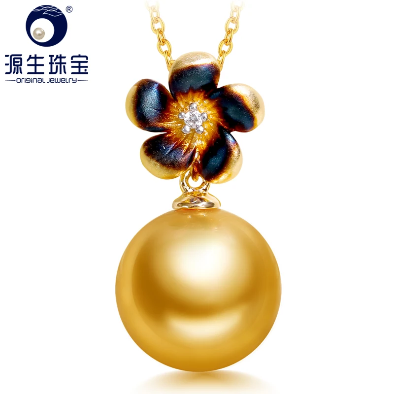 

YS 11-12 mm Natural South Sea Pearl Pendant 14k Real Yellow Gold Sun Flower Pendant Fine Jewelry