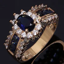Новинка, ювелирное обручальное кольцо Fatpig, Золотое кольцо для влюбленных, кольцо для женщин, размер 6-12, синий циркон, позолота, Свадебная вечеринка 495