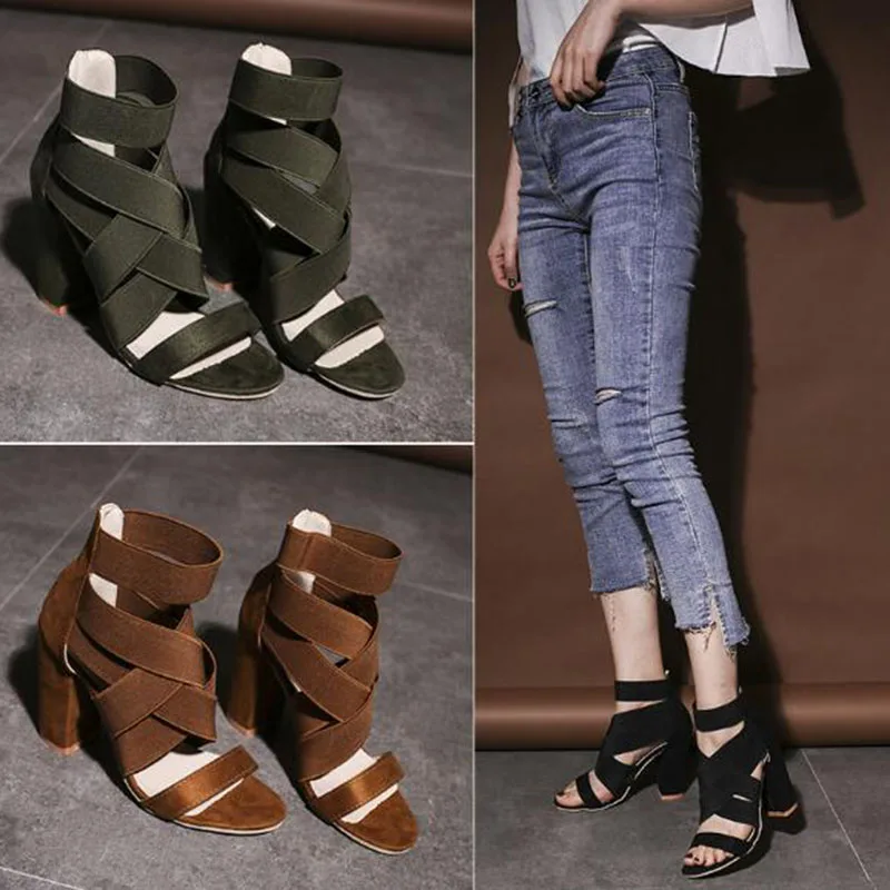

Summer Autumn Women Ladies Cover Heels High Heel Sandals Shoes Flock Leather Open Toe Breathable Non-slip Cross-tied Sandals