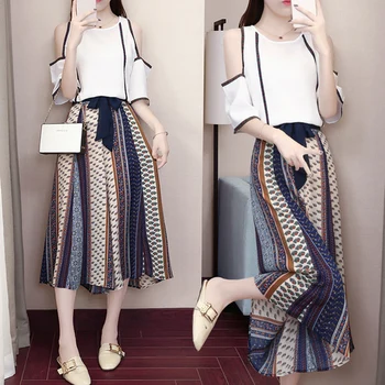 

Indie Folk Style Women Clothes Pullover Off Shoulder White Tops Elastic Waist Print Broad Legged Bow Calf-length Pants Brief