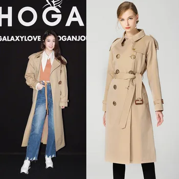 

Europe New Women Spring High Street Fashion Turn Dow Collar Double Breasted X-Long Trench Coat Female Bird Button Long Outwear