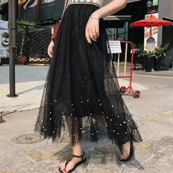 LZMZA уличная жемчуг Тюлевая юбка макси для летних вечеринок гофрированные Длинные Юбки Высокая талия серый черный женский Faldas
