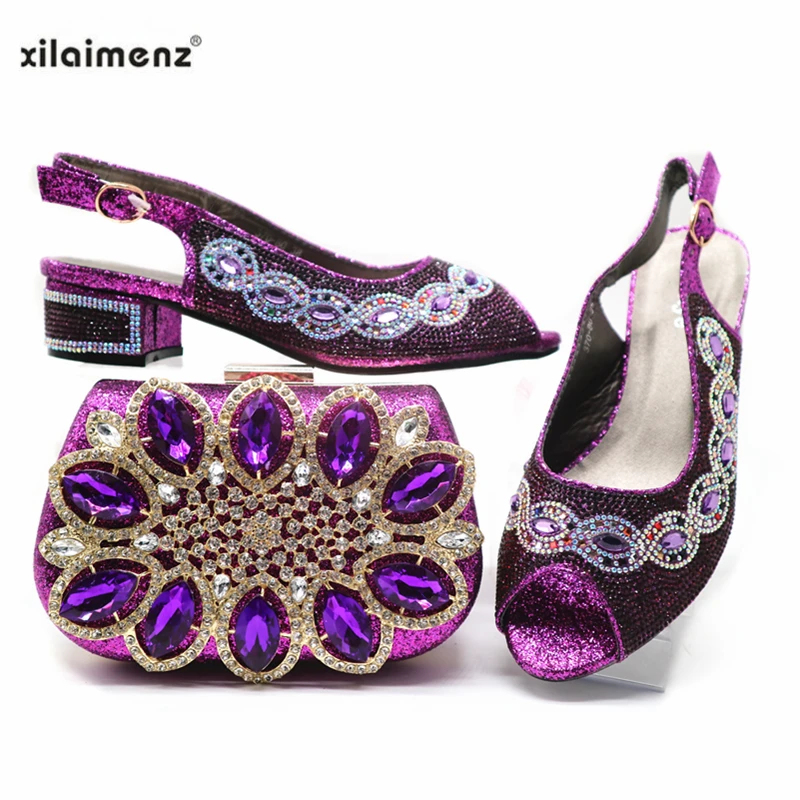 

Purple Color African Women Shoes With Matching Bags Set Sweet Ladies New Coming Nigerian Shoes and Bag Set for Party