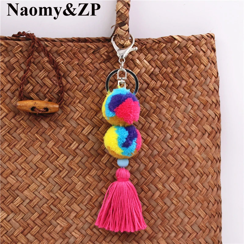 

Naomy&ZP Brand Tassel Cute Key Chain Women Metal Keyring Rabbit Fur Pom Car Key Keychain Accessories Boho Keyholder Fashion Gift