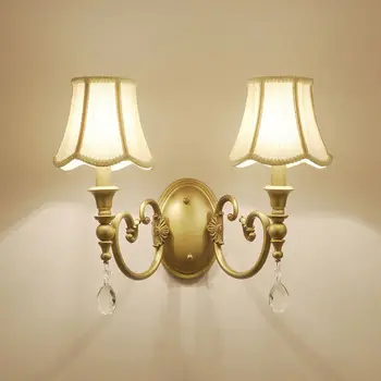 

American Villa Copper Fabric Wall Lamp Bedside Lamp Bedroom Living Room French Restaurant Wall Lamp Stairway Crystal Wall Lamps