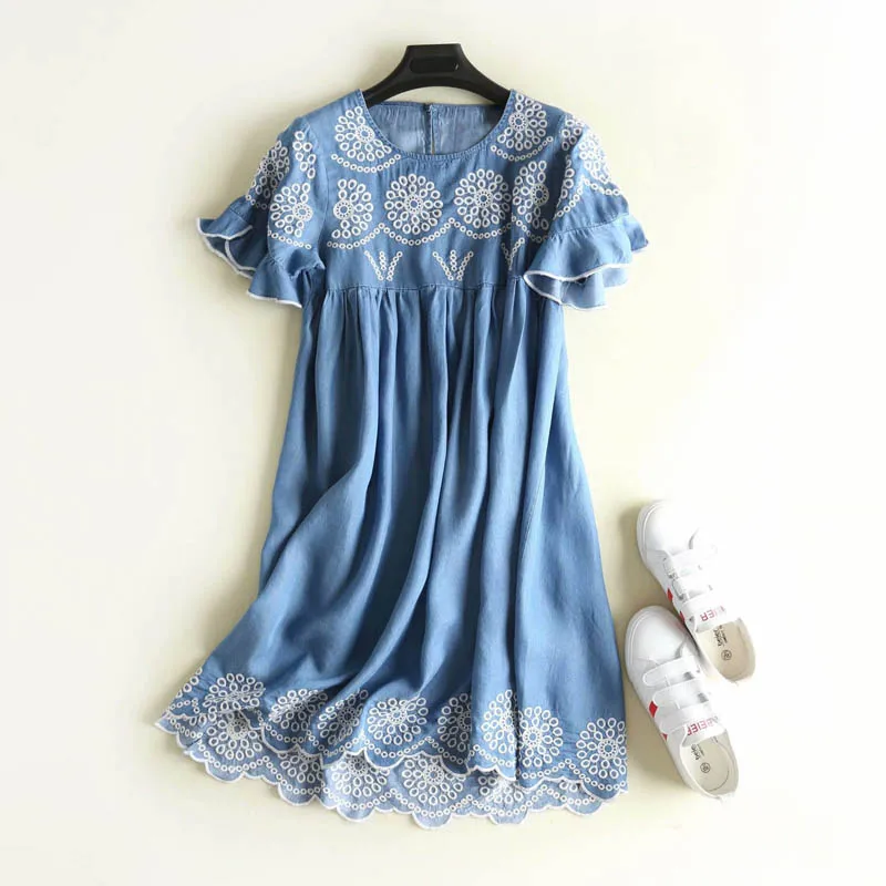 

QZ368 Fashion women o neck short sleeve embroidery soft jeans dress ladies elegant weave edge cozy tencel denim dresses vestidos