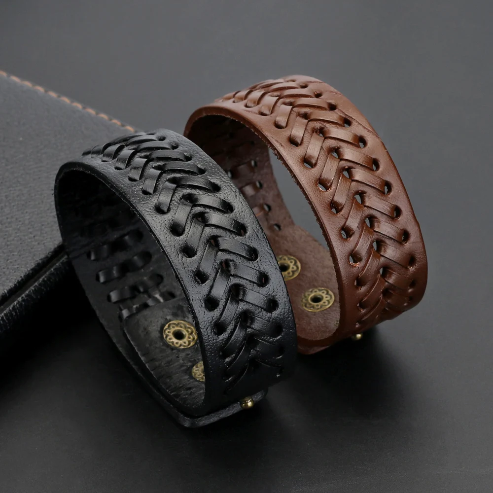 Trend Jewelry Vintage Handwork Weave 8 Words Wide Leather Bracelet Simple Cuff Bracelets Bangles For Women Pulseras Mujer bracelet jewelry