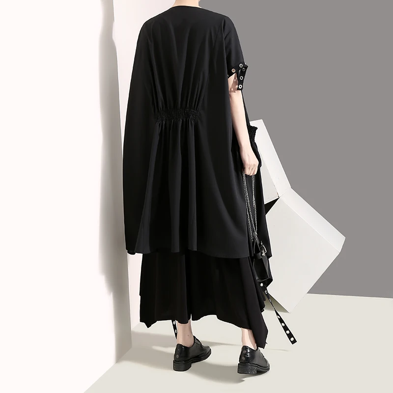 جديد 2019 الكورية نمط المرأة الصلبة أسود فضفاض سترة مفتوحة غرزة طويلة الشريط مع المعادن حفرة سيدة أنيق فريد ارتداء سترة 5096