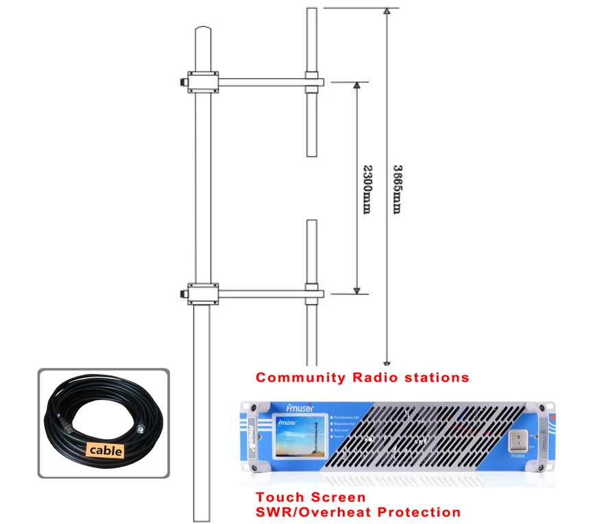 

1000W 1KW FM Transmitter Radio Broadcast With Touch Screen AUX Cover 30-50km Radio StationTwo Bay Dipole Antenna with 30m cable