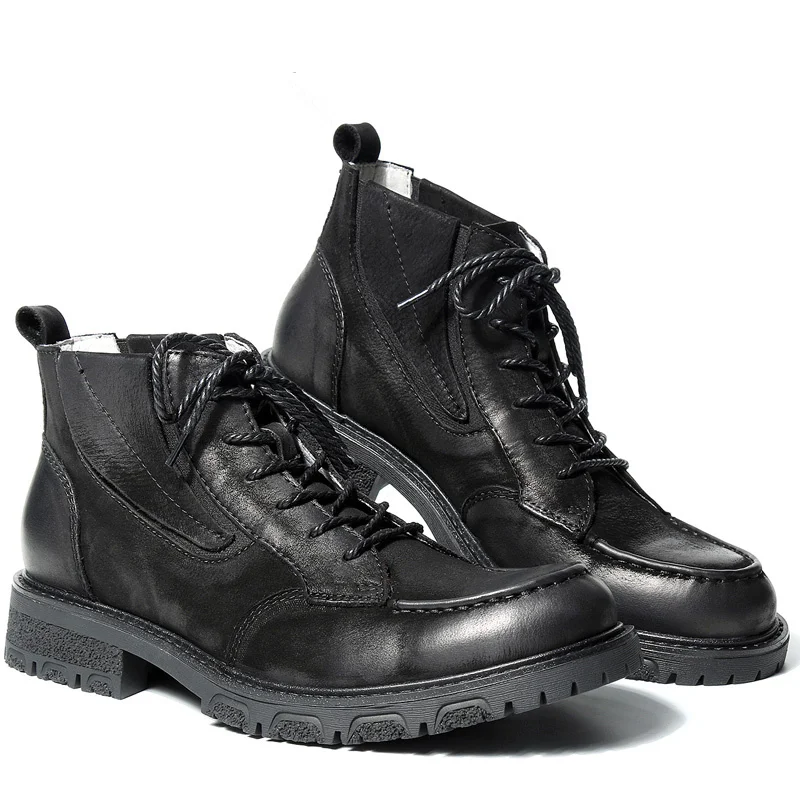 Мужские ботинки в стиле ретро; теплые плюшевые ботинки из натуральной кожи с круглым носком на шнуровке; однотонные ботинки для верховой езды; Мужская зимняя обувь в деловом стиле