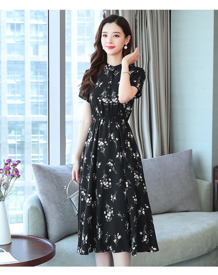 Весенне-летнее черное винтажное шифоновое платье миди с цветочным рисунком размера плюс, платья в стиле бохо, элегантные женские вечерние платья с коротким рукавом, Vestido