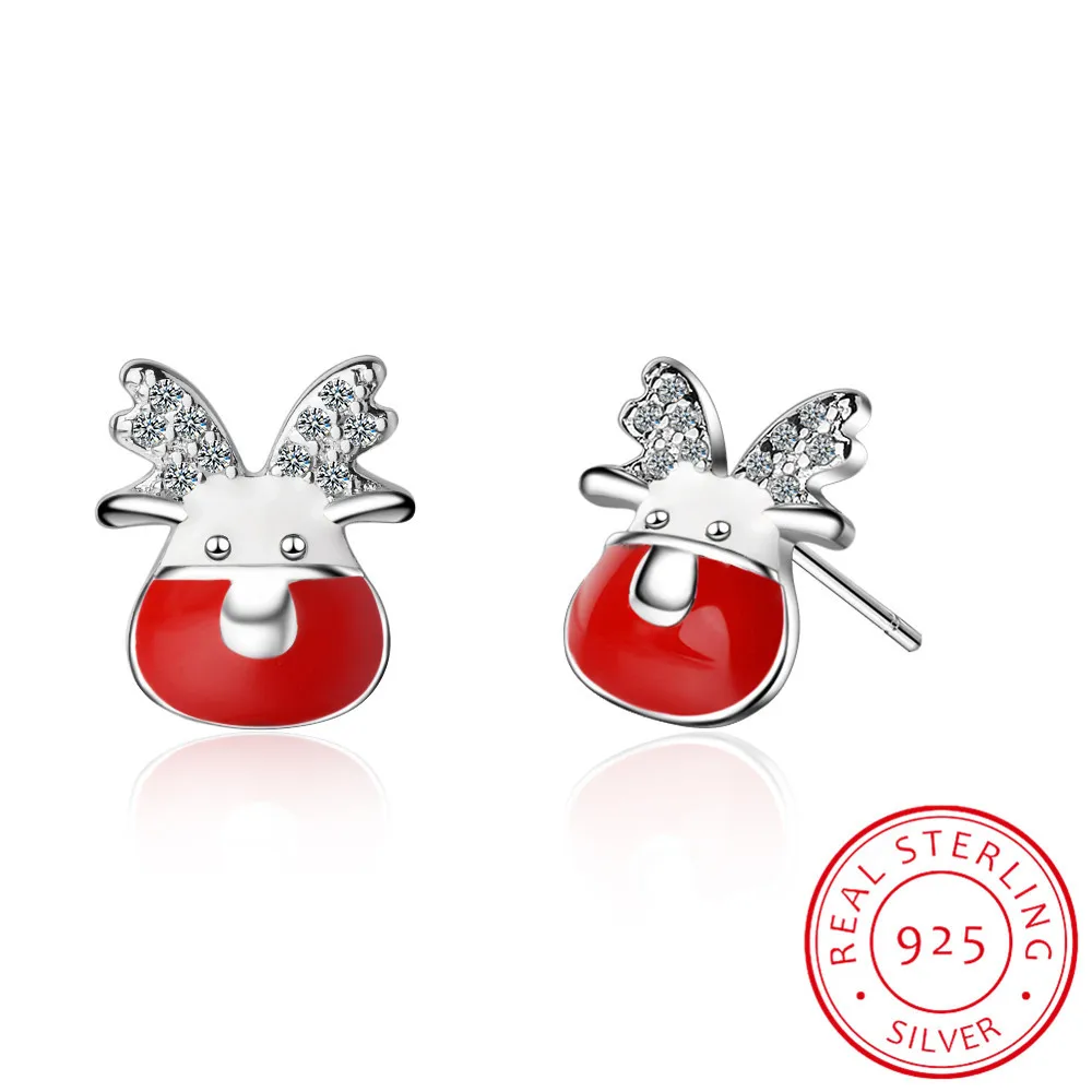

925 Sterling Silver Christmas Jewelry Micro Cz Elk Deer Snowflake Red Enamel Stud Earrings Oorbellen For Women Girl S-e486