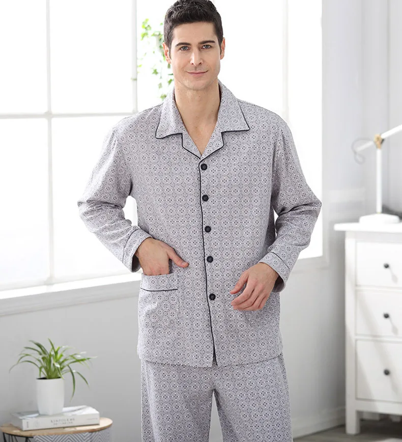 CherLemon Весна для мужчин хлопковые пижамы Ночная рубашка с длинным рукавом мужской традиционный горошек пижамы c точечным узором 2 шт