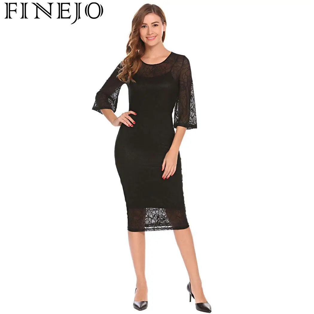 FINEJO Women Dress Sexy Club Party Bodycon Sheath Floral Flare Lace ...