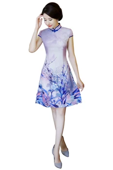 

Shanghai Story Modern Qipao Faux Silk traditional dress Chinese Oriental dress Chinese Women's Clothing Short Cheongsam Purple
