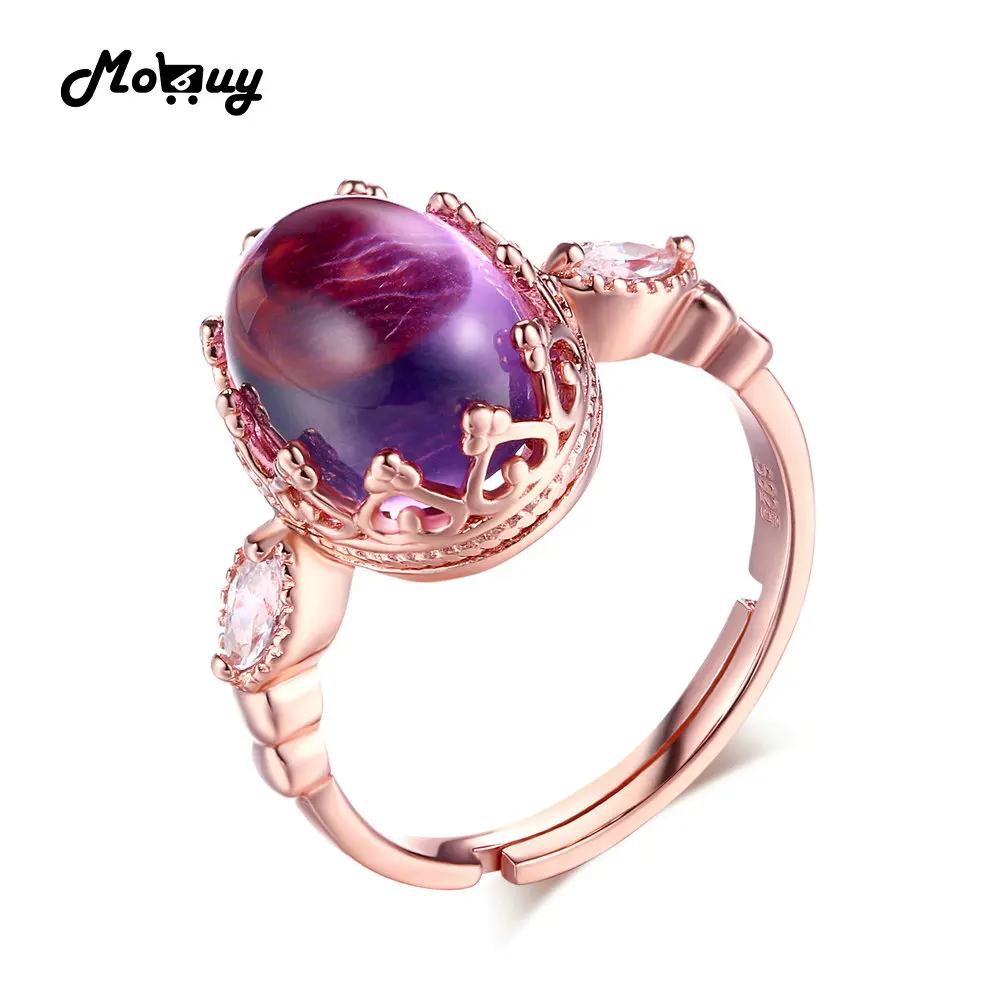 

MoBuy MBRI022 Unique Oval Natural Gemstone Amethyst Ring 925 Sterling Silver Rose Gold Plated Adjustable Fine Jewelry For Women