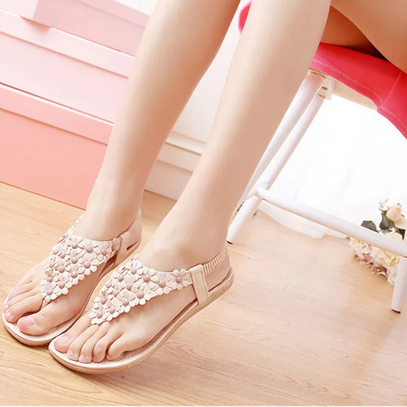 

Bohemian Summer Shoes Sweet Womens Flowers Flat Sandals High Quality Casual Flats