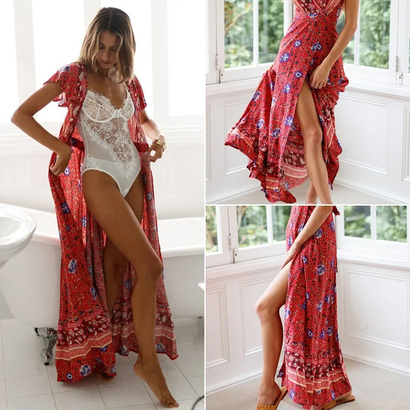 Nadafair Boho цветочное женское Макси платье с v-образным вырезом Сплит пляжное сексуальное длинное платье с поясом элегантные вечерние летние платья vestidos robe Femme