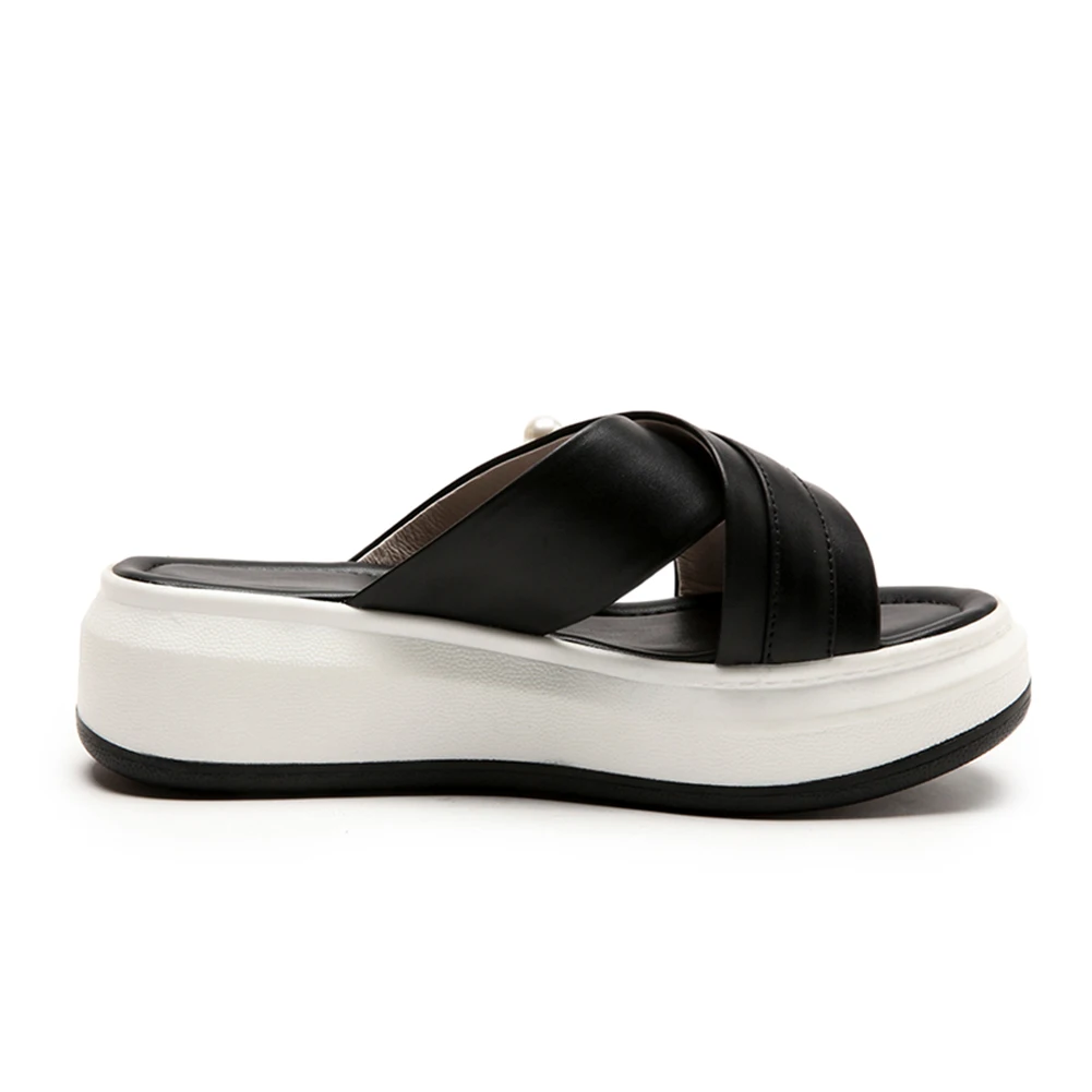Solide Véritable Pour Femme Grande Chaussures De Plate En Noir 33 Pantoufles Décoration blanc Nouveauté Femmes D'été 2019 43 Diapositives Taille forme Cuir Doratasia q8wpgtw
