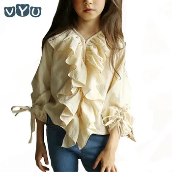 

2019 Spring Autumn Kids Girls England Style Vintage Blouse KIdsTeens Long Sleeve Ruffle Tops Elegant Outfit 4~15Yrs