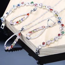 Свадебные ювелирные наборы серебро 925 ювелирные изделия Красочные кубический цирконий серьги ожерелье набор браслет бижутерия для женщин