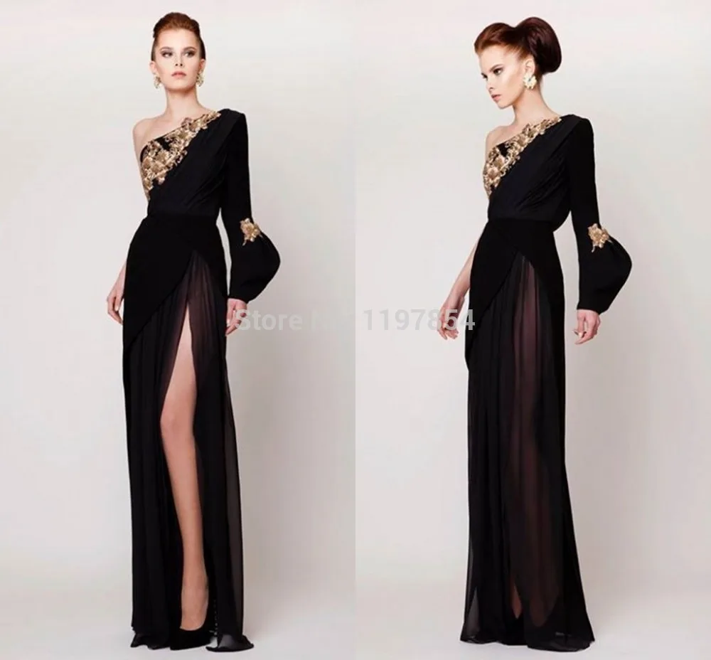 Domineering Black Embroidery Evening Dress One Shoulder Long Sleeve Formal Gown High Side Slit Party | Свадьбы и торжества