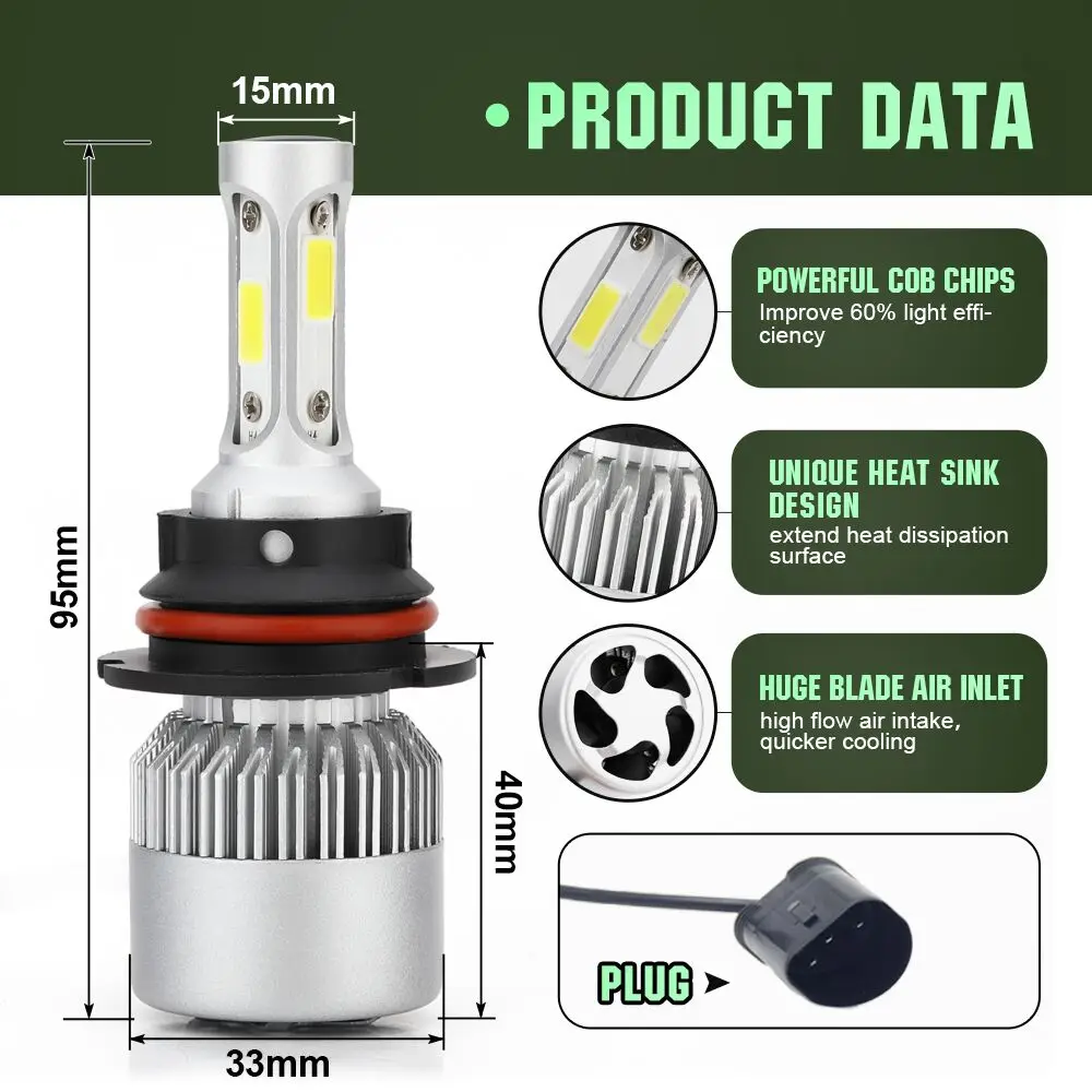6500K 8000LM/пара S2 автомобилей головной светильник лампы светодиодный головной светильник H1 H3 H27 H11 HB3 HB5 880 9005 9006 HB1 12V Светодиодный светильник COB авто светильник