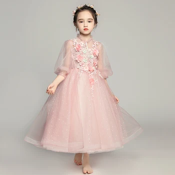 

Cute Puff Sleeve Flower Girl Dresses Beads Children Evening Gowns Lace Applique First Communion Prom Mesh Dress O-neck Pageant