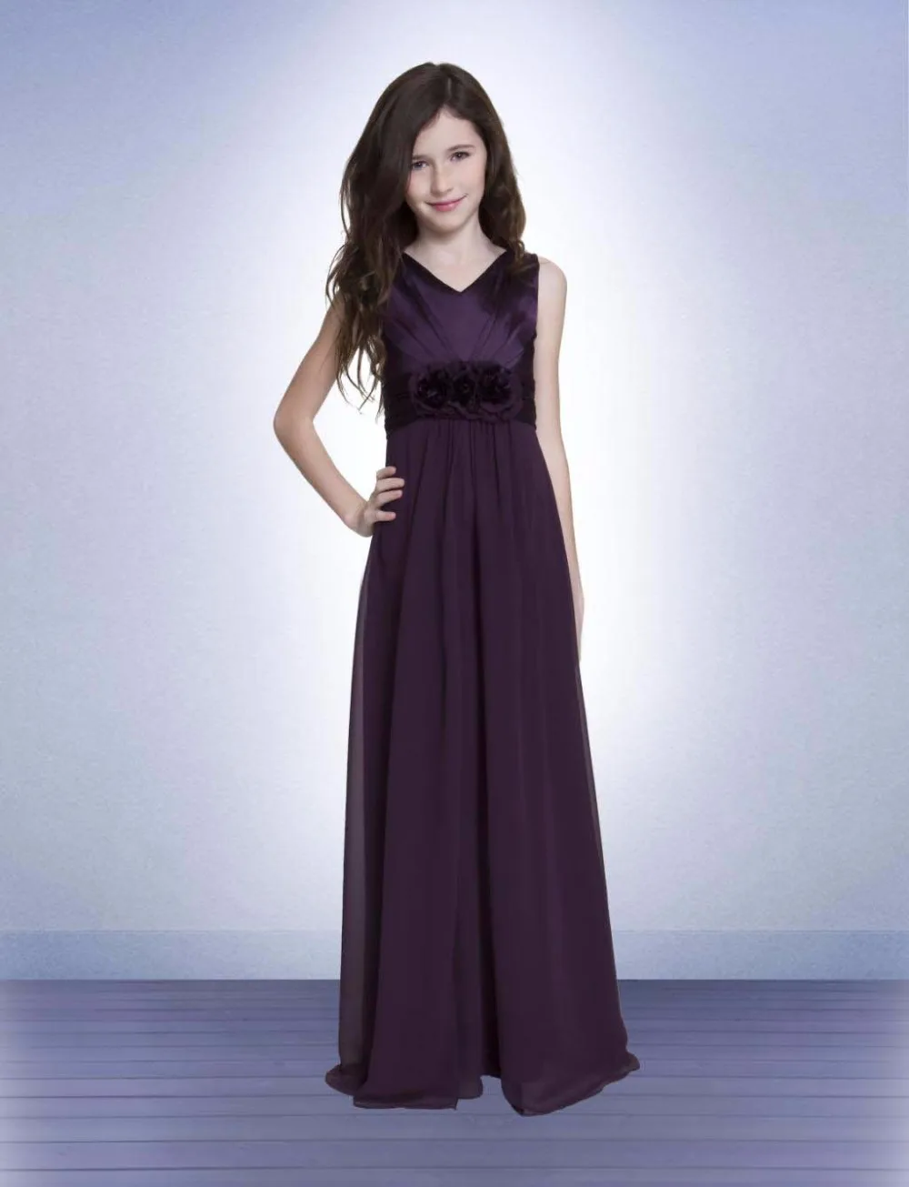 

Purple V-neck chiffon A-Line little Princess Junior Bridesmaid girl dresses for wedding Piano and violin performing formal gown