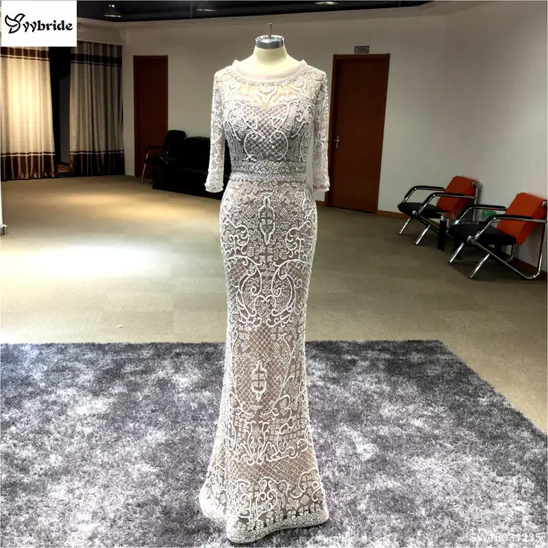 

Real Custom Made Scoop Neck 3 Quarter Sleeves Trumpet Sliver Grey Evening Dresses Long 2016 High Quality