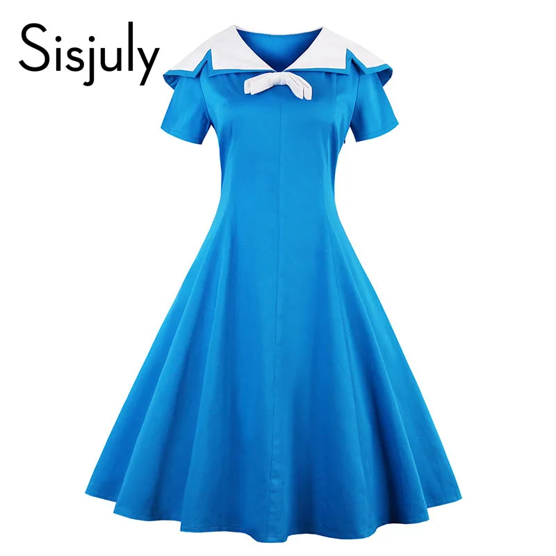 Sisjuly Vintage Dress 1950s Style Spring Blue Pin Up Short Sleeve Lapel Women Party Dress Summer