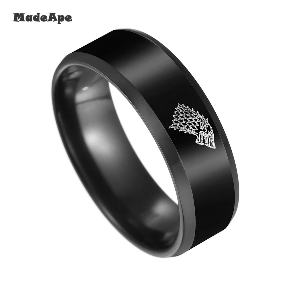 

MadApe Black Color Game Of Thrones Ice Wolf House Stark Of Winterfell Women Ring Engraved Wolf Men Punk Vintage Rings