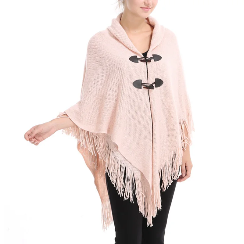 

DSQUAENHD 2019 Women Casual Loose Cape Poncho Autumn Warm Horn Button Double-deck Tassels Knit Ponchos for Fall Coat Plus Size
