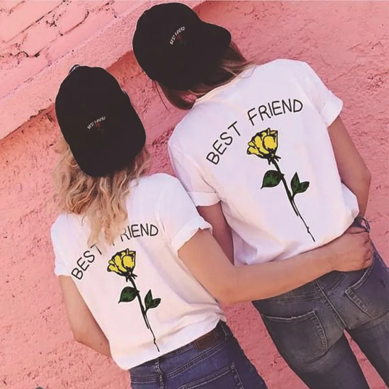 

LUS LOS YELLOW ROSE RED RED FLOWER BEST FRIENDS Women T-Shirt Spring Summer New Fashion Cotton White T-Shirt
