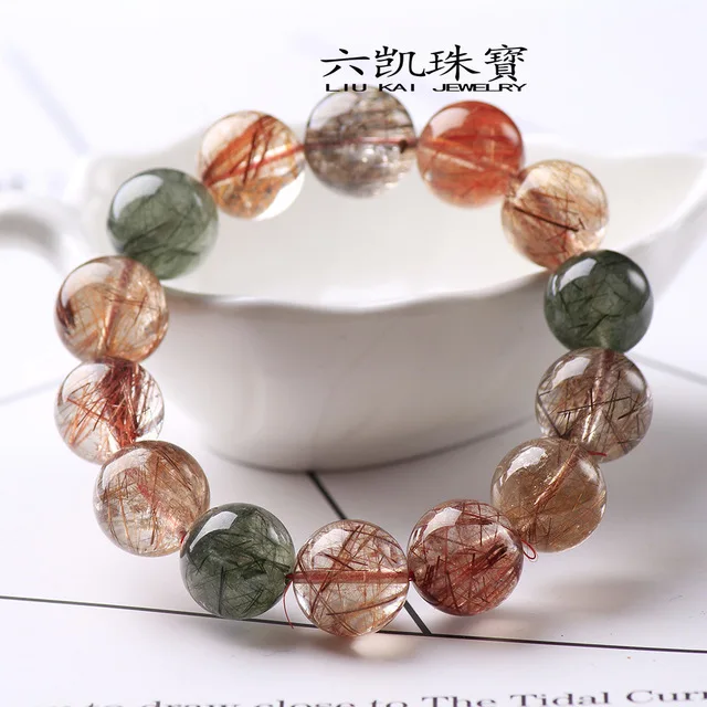 

Natural Copper Colorful Rutilated Quartz Crystal Bracelet 5 Colors Woman Man Round Beads 8mm 9mm 10mm 11mm 12mm 13mm 14mm AAAAA