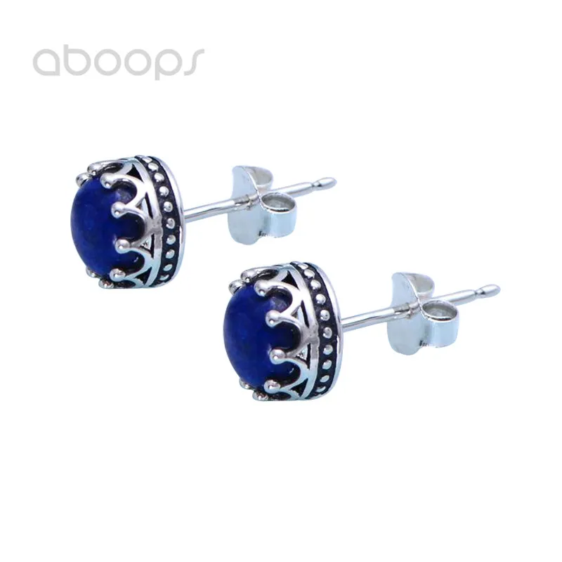 

7mm Mini Vintage 925 Sterling Silver Crown Shape Stud Earrings with Natural Lapis Lazuli for Women Girls Free Shipping