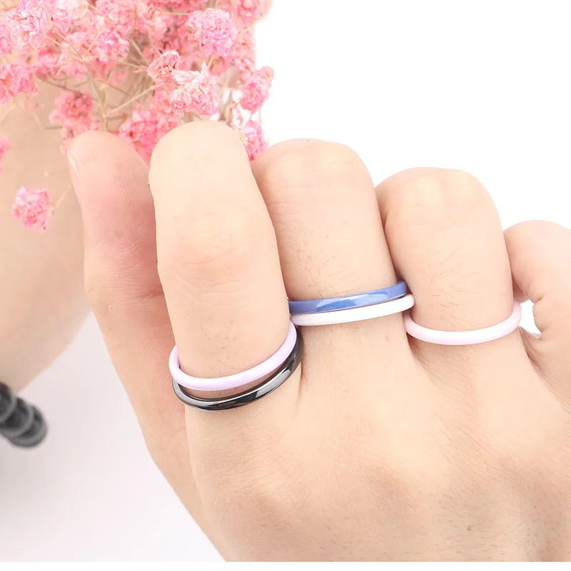 Colorful 2mm Ceramic Rings For Women Smooth Pink Black Blue White Purple Rings Elegant Top Quality Engagement Jewelry Gift