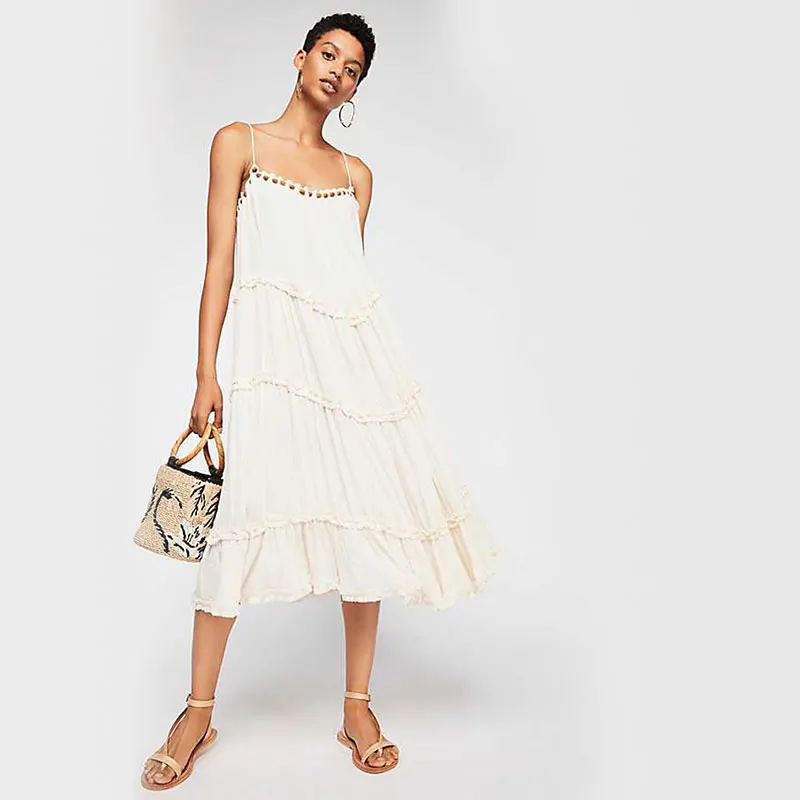 JSMY 2019 New Summer Fashion Women Wave fold Bohemia Style Beaded Sling Beach Dress