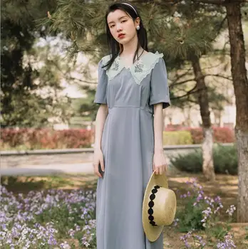 

Victoria Vintage Peter Pan Collar Midi Dress High Wasit Slim Mid-Calf Women Summer Party Dress