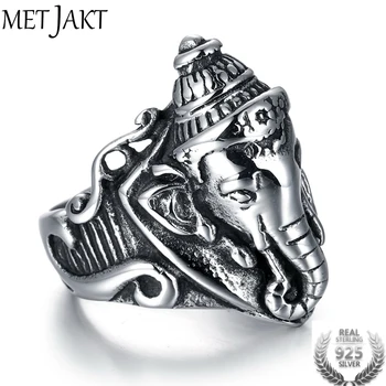 

MetJakt Real 925 Sterling Silver Ring & Hand Carved Wealth Elephant's Nose Ring for Men Vintage Punk Rock Thai Silver Jewelry