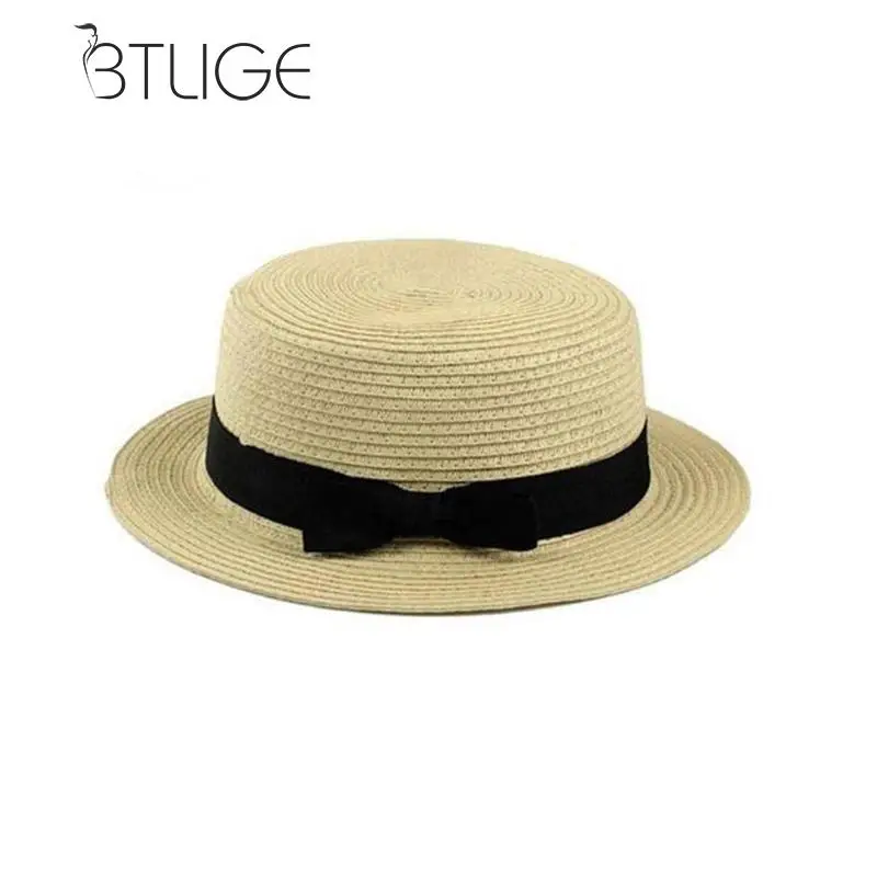 Fashion Lady Boater Sun Caps Ribbon Round Flat Top Straw Beach Hat Bowknot Beach Sunscreen Straw Hat