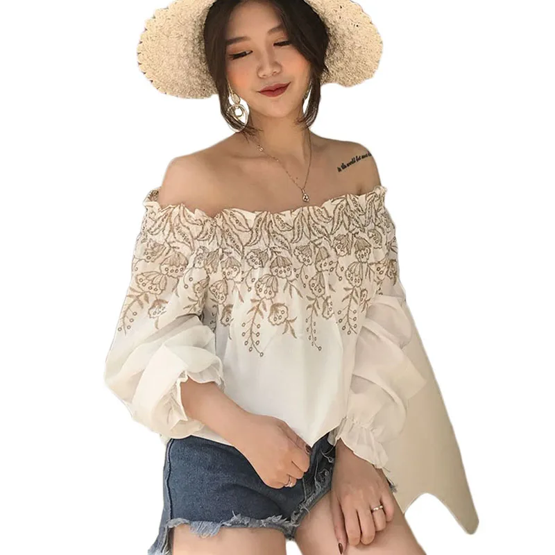 Spring Summer Women Off The Shoulder Blouse Tops Long Lseeve Chiffon Shirred Embroidery Floral