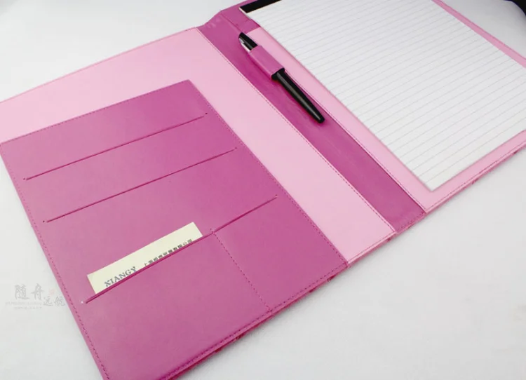 multifunctional padfolio women a4, pinky PU leather padfolio folder