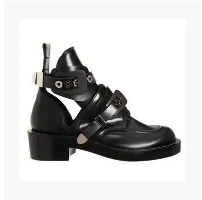 Famous Brand Cut Out Buckle Women Top Leather Motorcycle Boots Cool Gladiator Bootie Silver Gold Black Buckle Strap Ridding Boot Women's Shoes