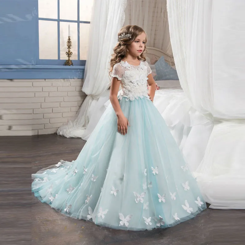 

Sky Blue Ball Gown Flower Girl Dresses With Butterfly Short Sleeves O-Neck Girls First Communion Gown Girls Pageant Dress New