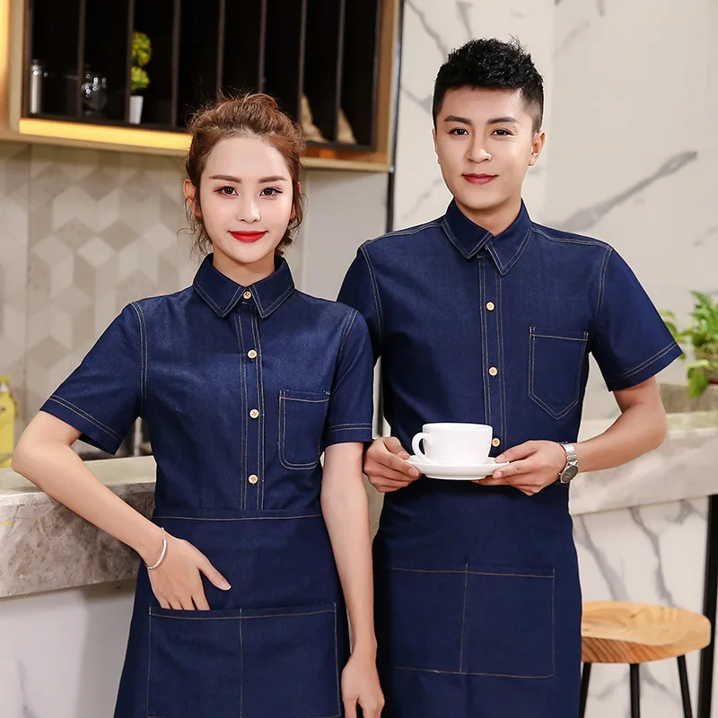 

Unisex Denim Work Clothes New Half-sleeve Hotel Food And Drink Staff Summer Slim Uniform High Quality Simple Breathable Workwear